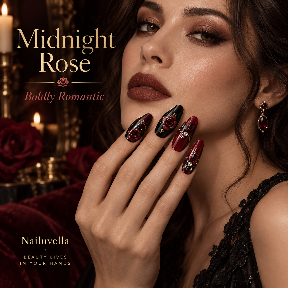 Nailuvella®| Midnight Rose Press-On Nails❤️