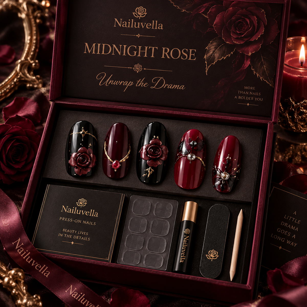 Nailuvella®| Midnight Rose Press-On Nails❤️