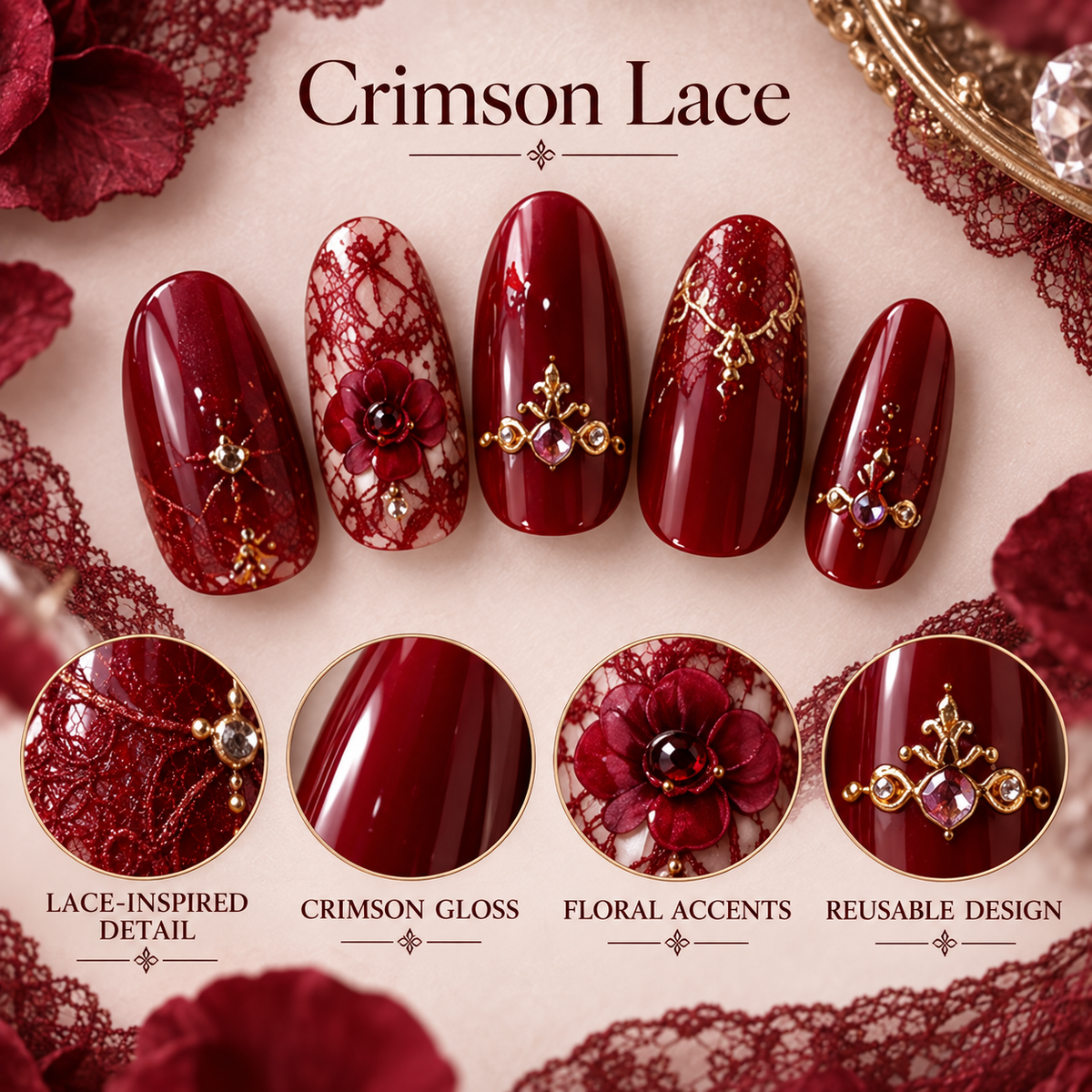 Nailuvella®| Crimson Lace Press-On Nails❤️