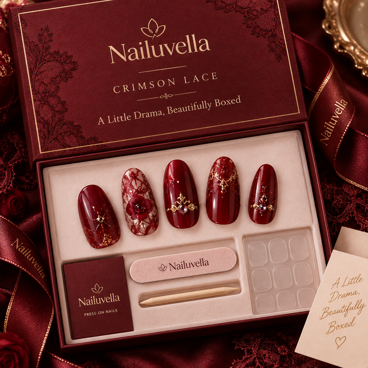 Nailuvella®| Crimson Lace Press-On Nails❤️