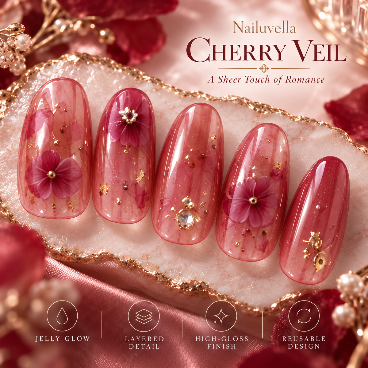 Nailuvella®| Cherry Veil Press-On Nails❤️